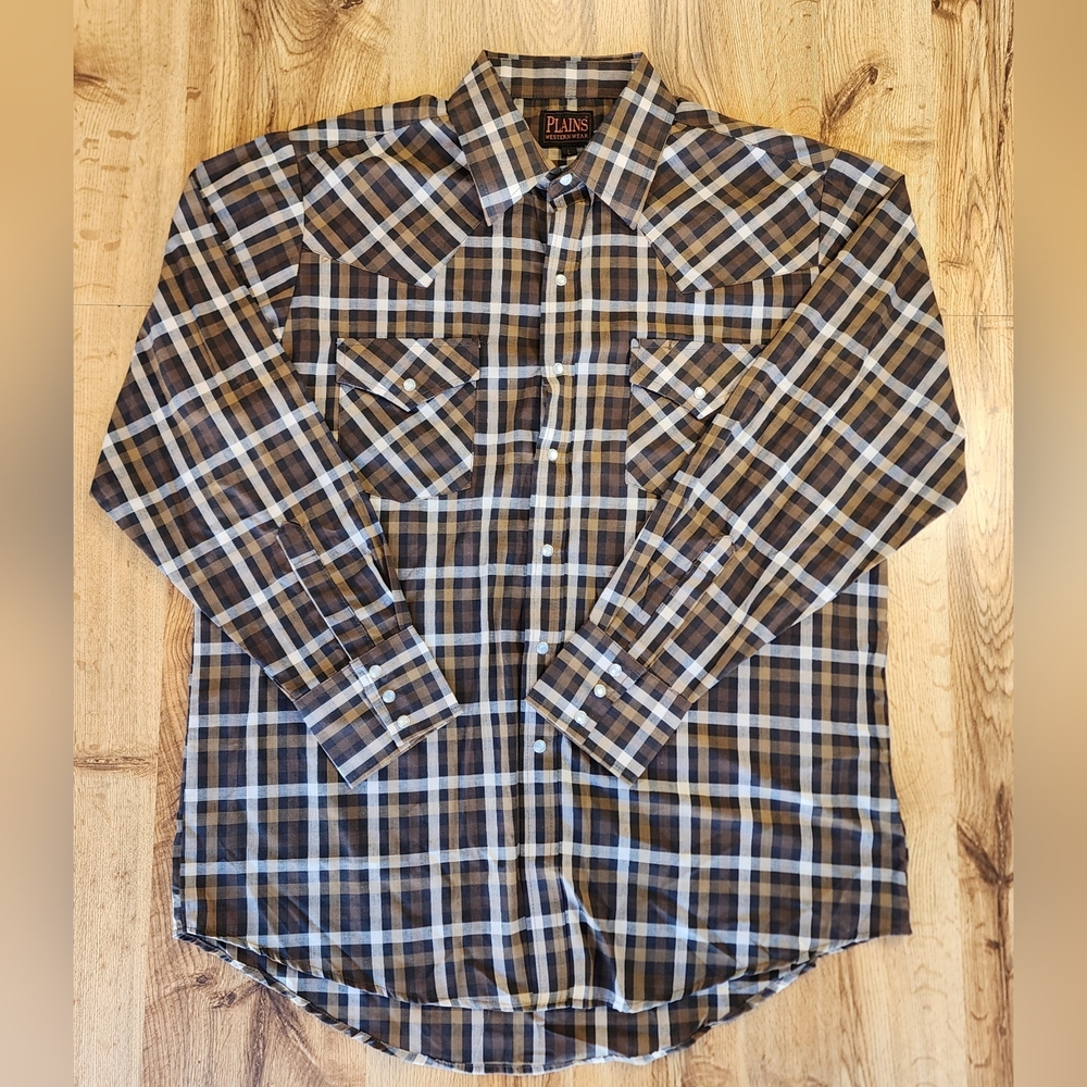 Plains Western Wear Men's Long Sleeve Plaid Shirt L Pockets‎ Pearl Snap Buttons